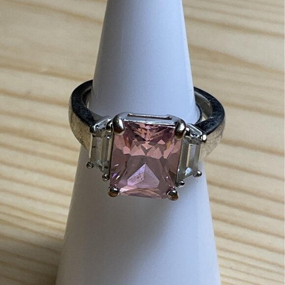 Pink Stone Silver-Tone Ring With Rectangular Center Stone & Clear Accents - Picture 1 of 4